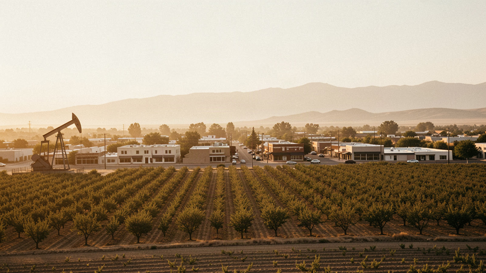 Golden hour over Bakersfield and the Kern County fields