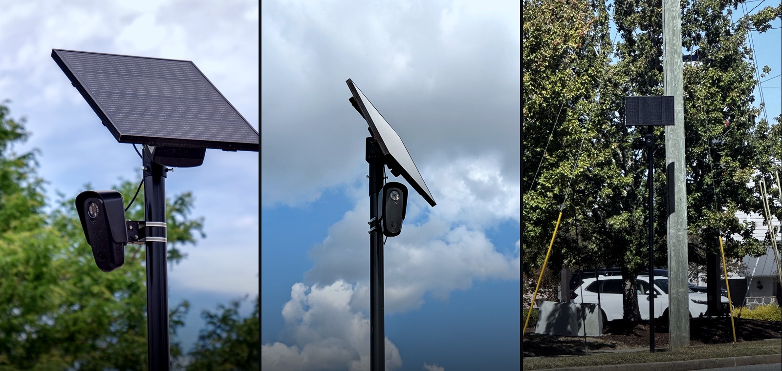 Three Flock Safety automated license plate reader cameras mounted on poles
