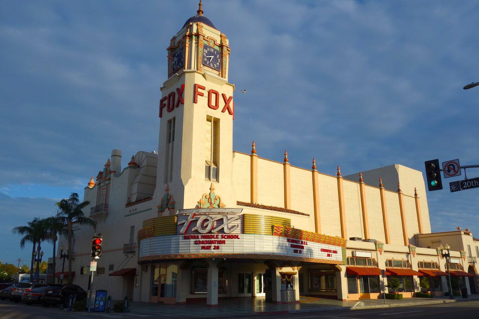The Fox Theater marquee in downtown Bakersfield at golden hour