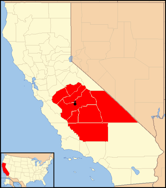 Map of California with the eight counties of the Diocese of Fresno shaded red, from Merced and Mariposa south to Kern and east to Inyo.
